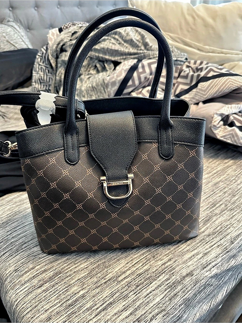 Nine West Geometric Satchel in Brown & Black